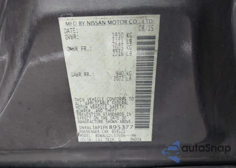 2015 Nissan Altima 2.5 S z USA, uszkodzony, nr VIN 1N4AL3AP1FN895377